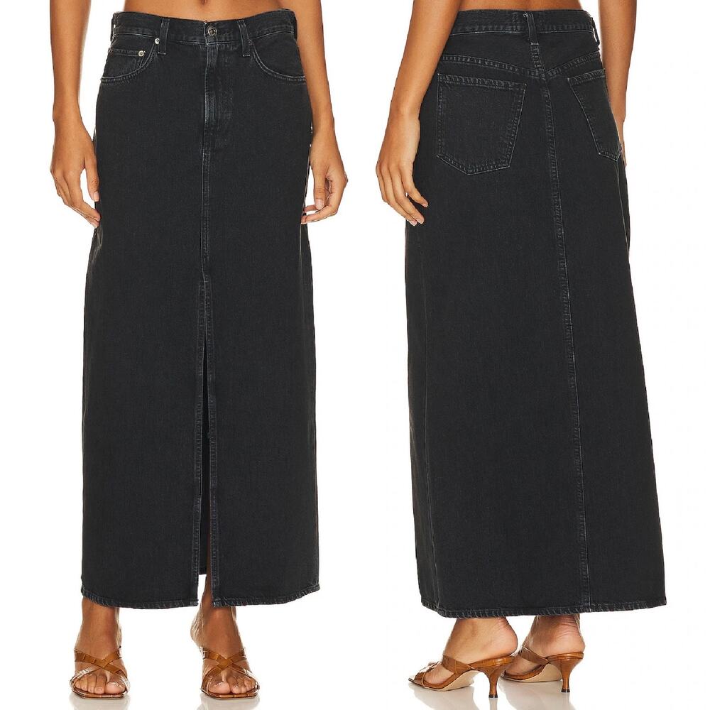 AGOLDE Leif Low Slung Denim Maxi Skirt Spider Black Wash Size 24
